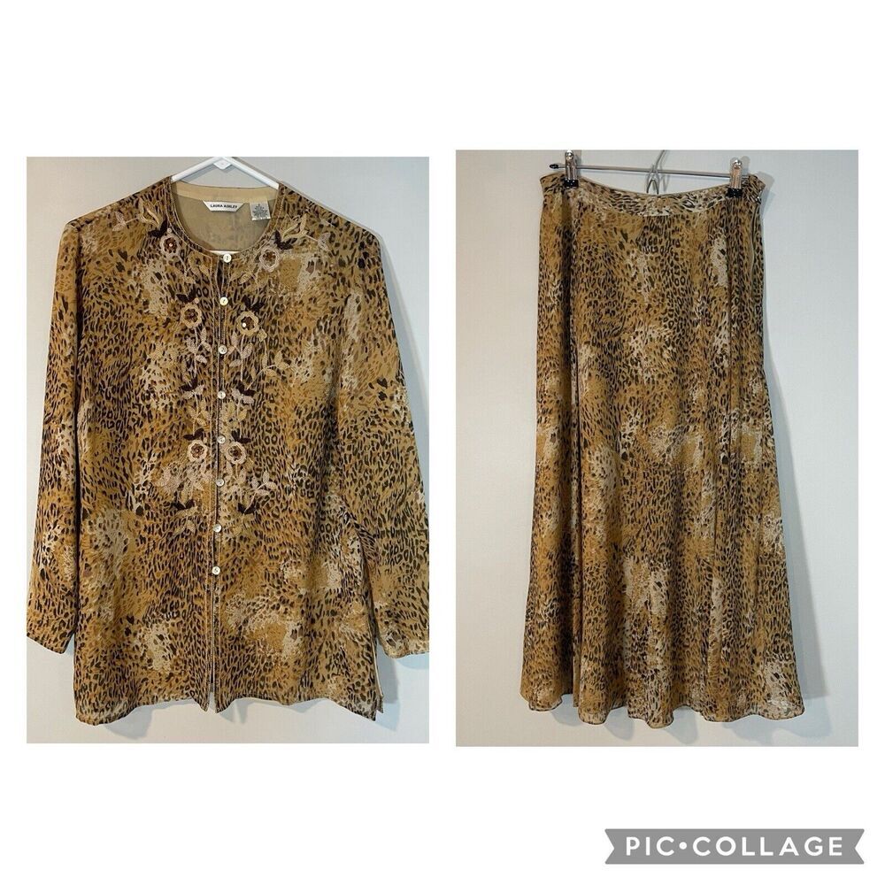 Laura Ashley Womens Silk Shirt Skirt Set Size S Leopard Print‎ Embroidered Tunic